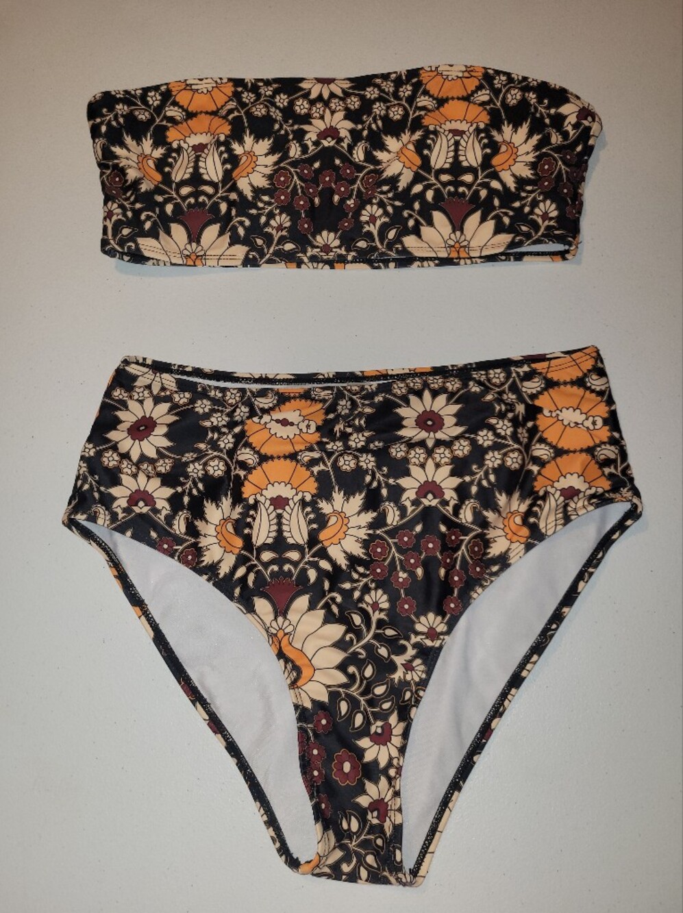 High-Waist Retro Bandeau Swim Set in Black & Orange Floral, 0XL